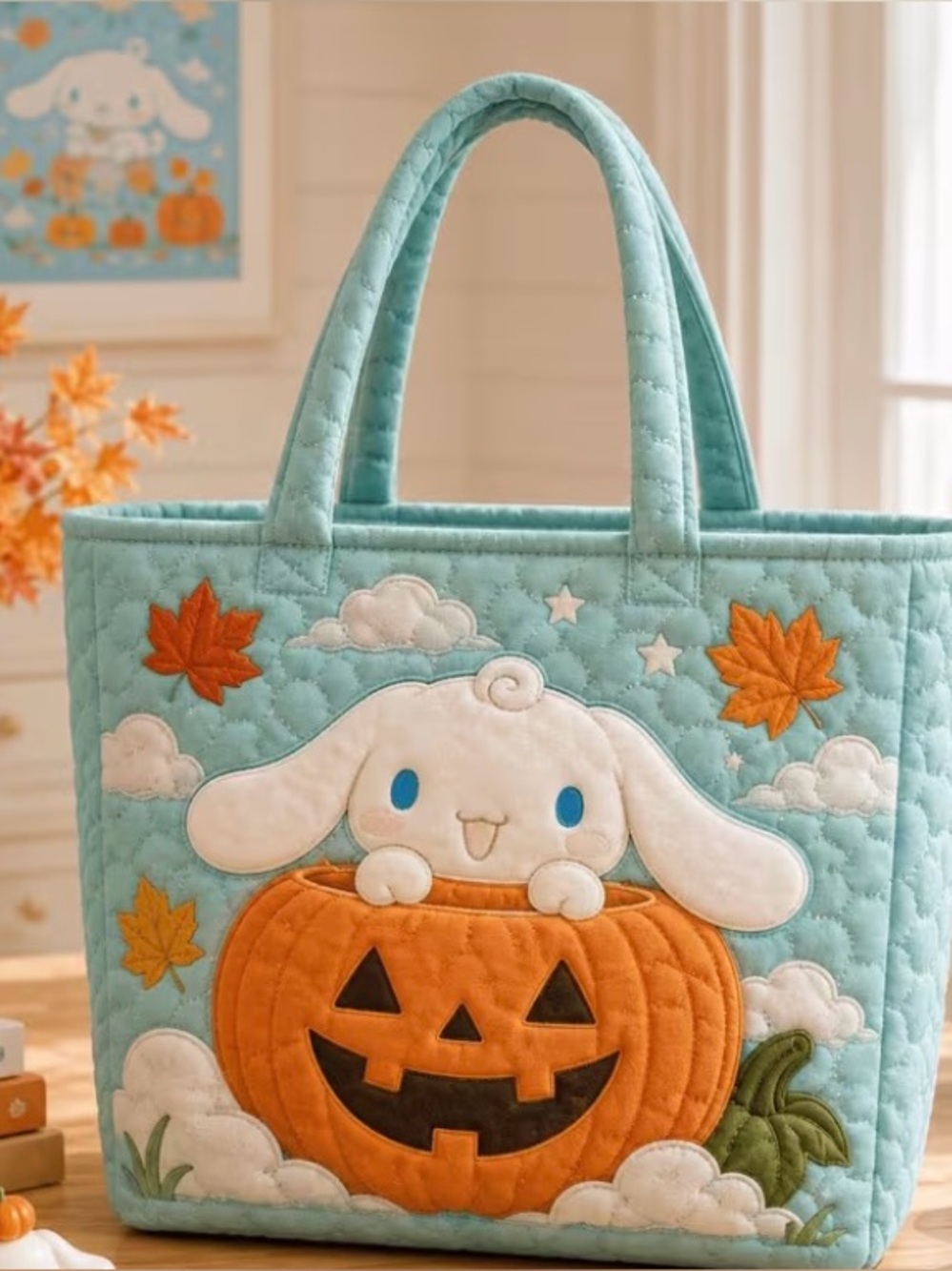 Sanrio Cinnamoroll Aqua Quilted Halloween Pumpkin Tote